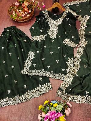 Women embroidered green kurta with palazzo & dupatta set 4