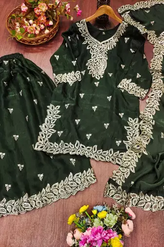 Women embroidered green kurta with palazzo & dupatta set