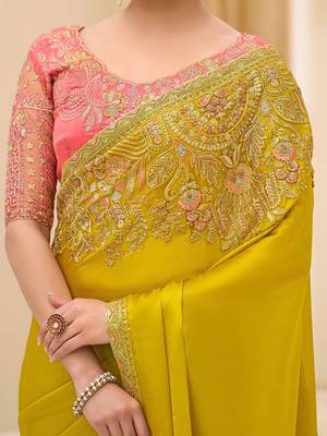 light_lime striped sequinned satin designer saree 4