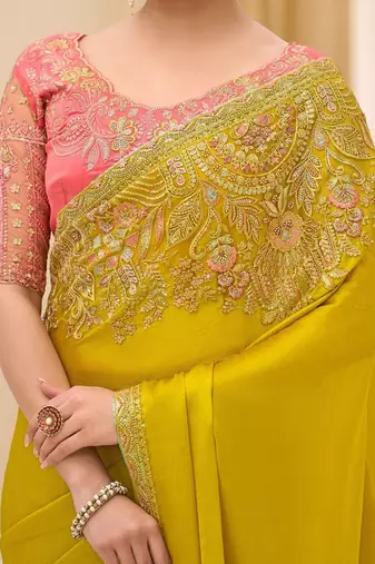 light_lime striped sequinned satin designer saree