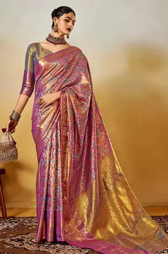 mauve ethnic motifs woven design zari dharmvaram saree with matching blouse