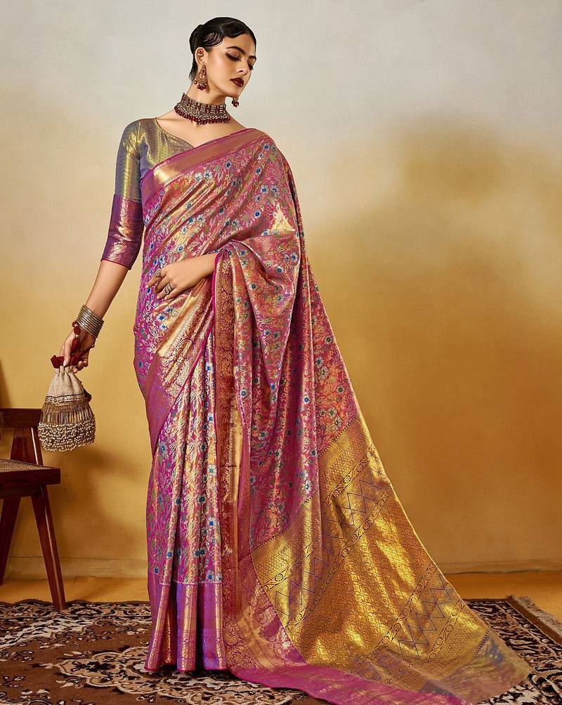 mauve ethnic motifs woven design zari dharmvaram saree with matching blouse