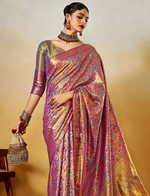 mauve ethnic motifs woven design zari dharmvaram saree with matching blouse 2