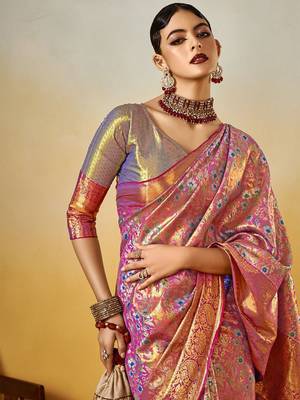 mauve ethnic motifs woven design zari dharmvaram saree with matching blouse 3
