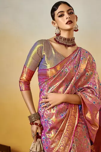 mauve ethnic motifs woven design zari dharmvaram saree with matching blouse