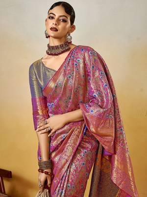 mauve ethnic motifs woven design zari dharmvaram saree with matching blouse 4