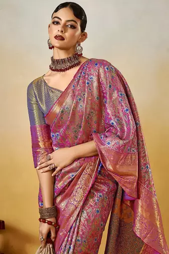 mauve ethnic motifs woven design zari dharmvaram saree with matching blouse