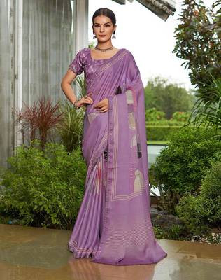 purple abstract printed sequinned pure georgette saree 1