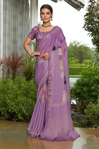purple abstract printed sequinned pure georgette saree