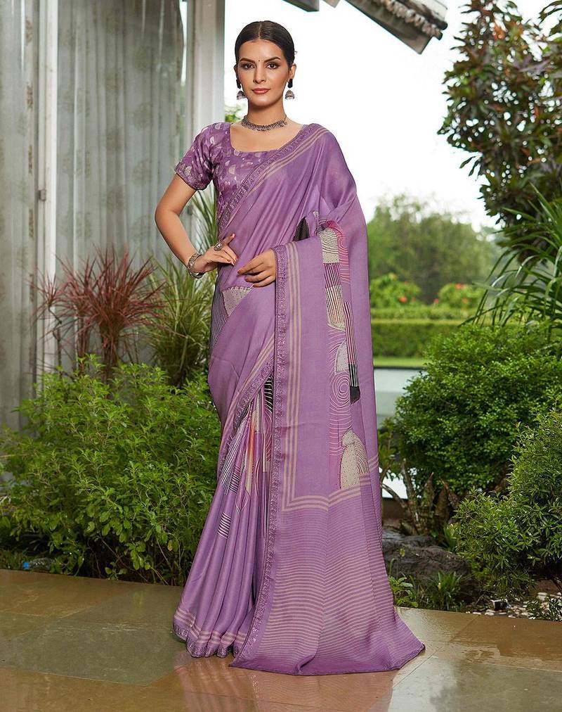 purple abstract printed sequinned pure georgette saree
