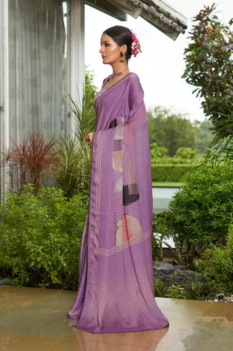 purple abstract printed sequinned pure georgette saree