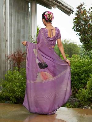 purple abstract printed sequinned pure georgette saree 3