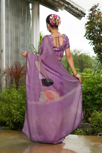 purple abstract printed sequinned pure georgette saree