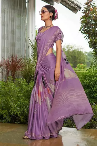 purple abstract printed sequinned pure georgette saree
