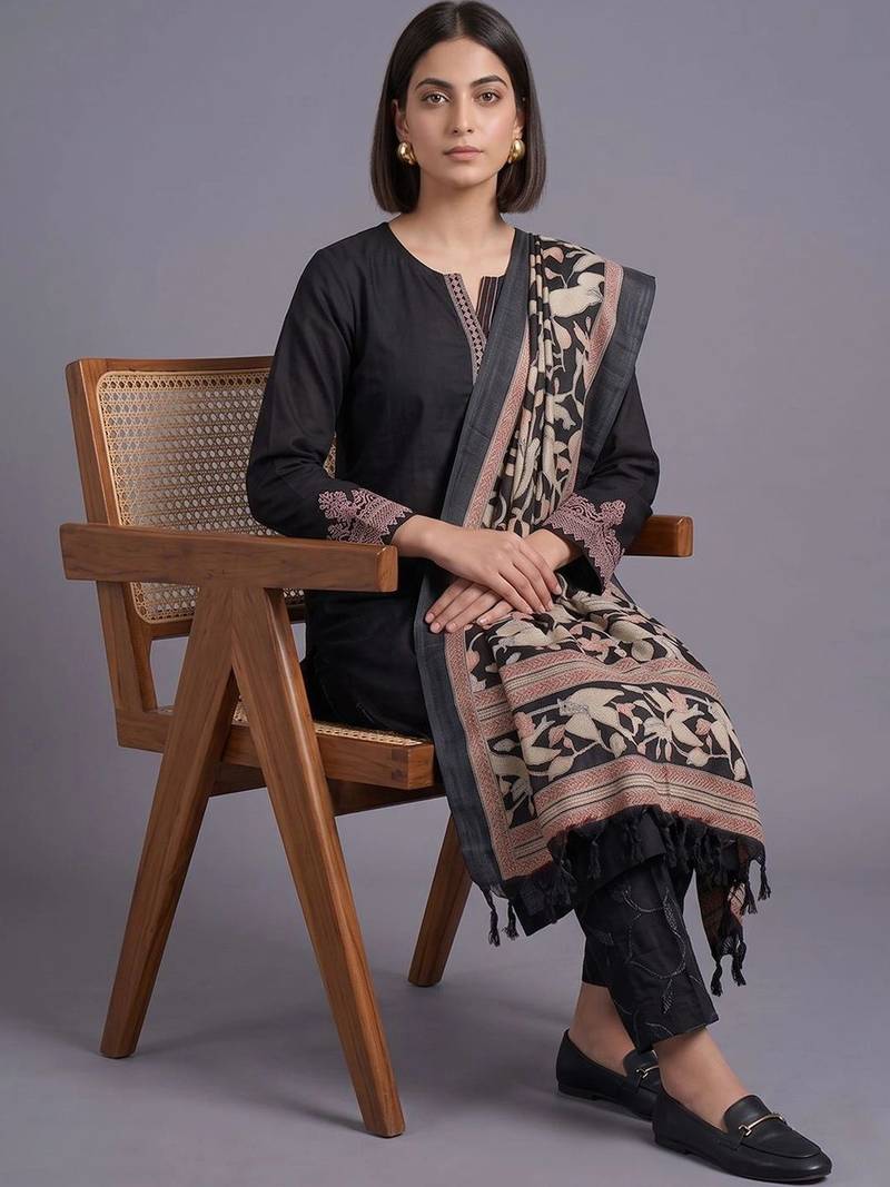 women ethnic motifs embroidered regular thread work kurta with trousers & with dupatta