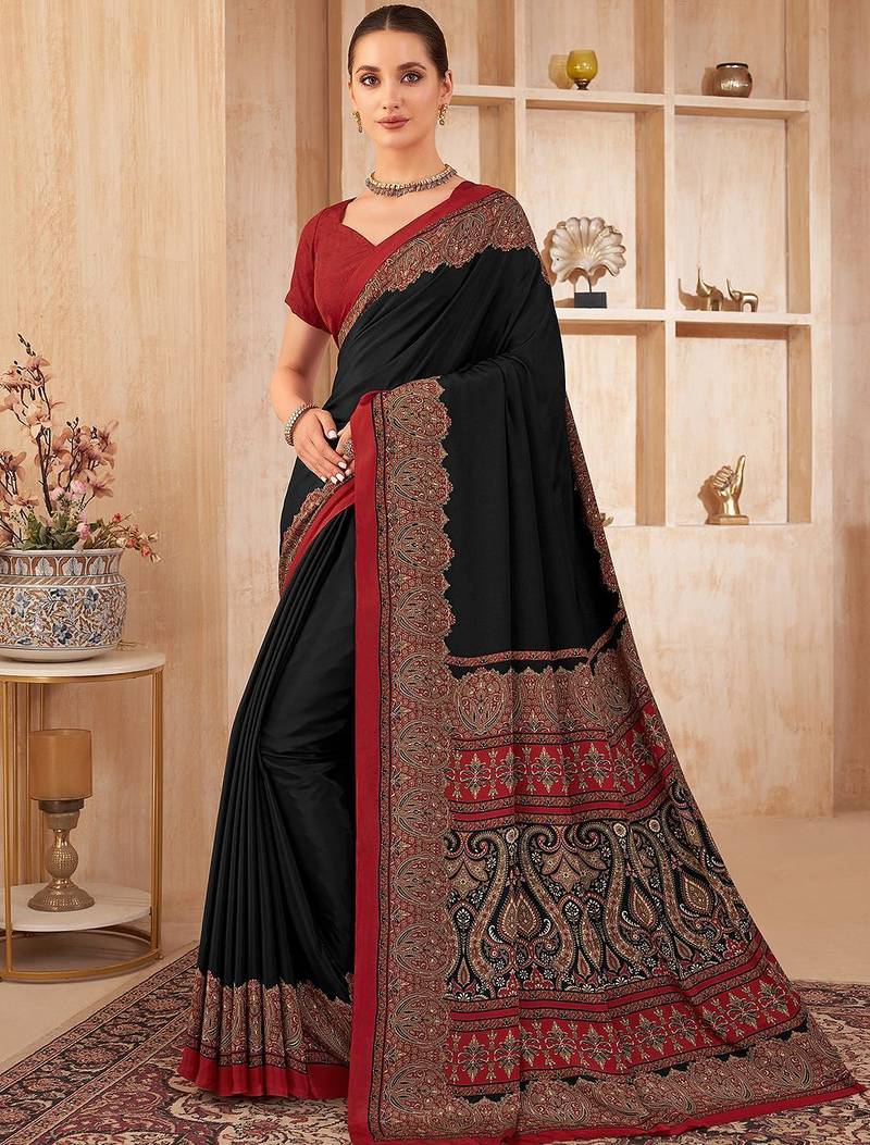 black paisley silk blend jamdani saree
