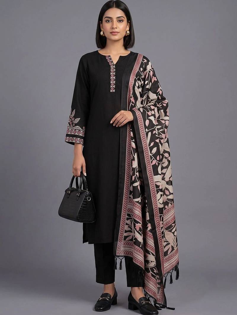 women ethnic motifs embroidered regular thread work kurta with trousers & with dupatta