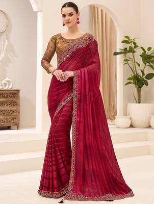 maroon maroon satin ethnic embellished festive wear matching blouse sarees 1