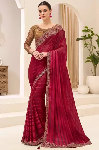 maroon maroon satin ethnic embellished festive wear matching blouse sarees