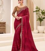 maroon maroon satin ethnic embellished festive wear matching blouse sarees
