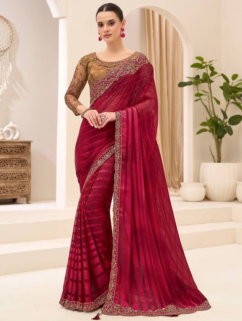 maroon maroon satin ethnic embellished festive wear matching blouse sarees