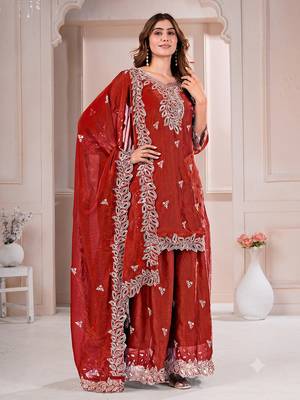 Women embroidered orange kurta with palazzo & dupatta set 1