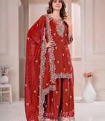 Women embroidered orange kurta with palazzo & dupatta set
