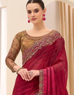 maroon maroon satin ethnic embellished festive wear matching blouse sarees 2