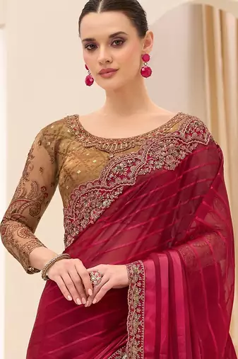 maroon maroon satin ethnic embellished festive wear matching blouse sarees