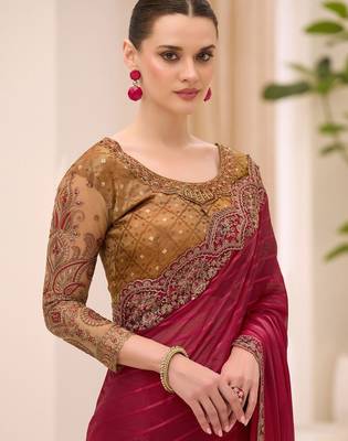 maroon maroon satin ethnic embellished festive wear matching blouse sarees 3