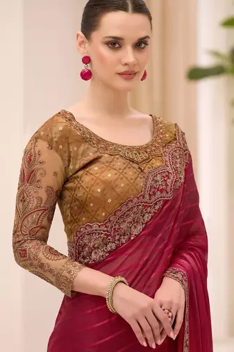 maroon maroon satin ethnic embellished festive wear matching blouse sarees
