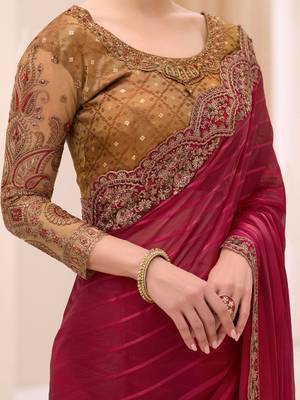maroon maroon satin ethnic embellished festive wear matching blouse sarees 4