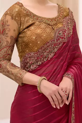 maroon maroon satin ethnic embellished festive wear matching blouse sarees
