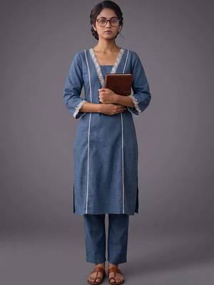 women regular thread work kurta with trousers 1