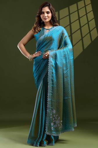turquoise women embellished beads and stones designer saree