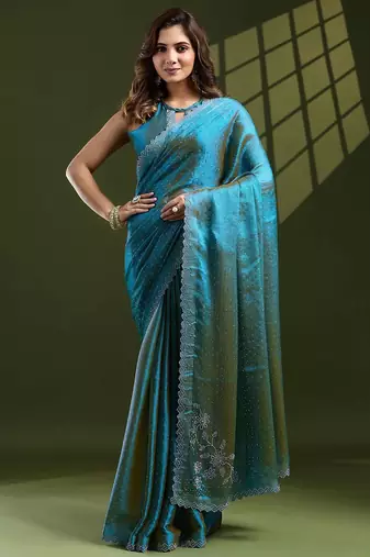 turquoise women embellished beads and stones designer saree
