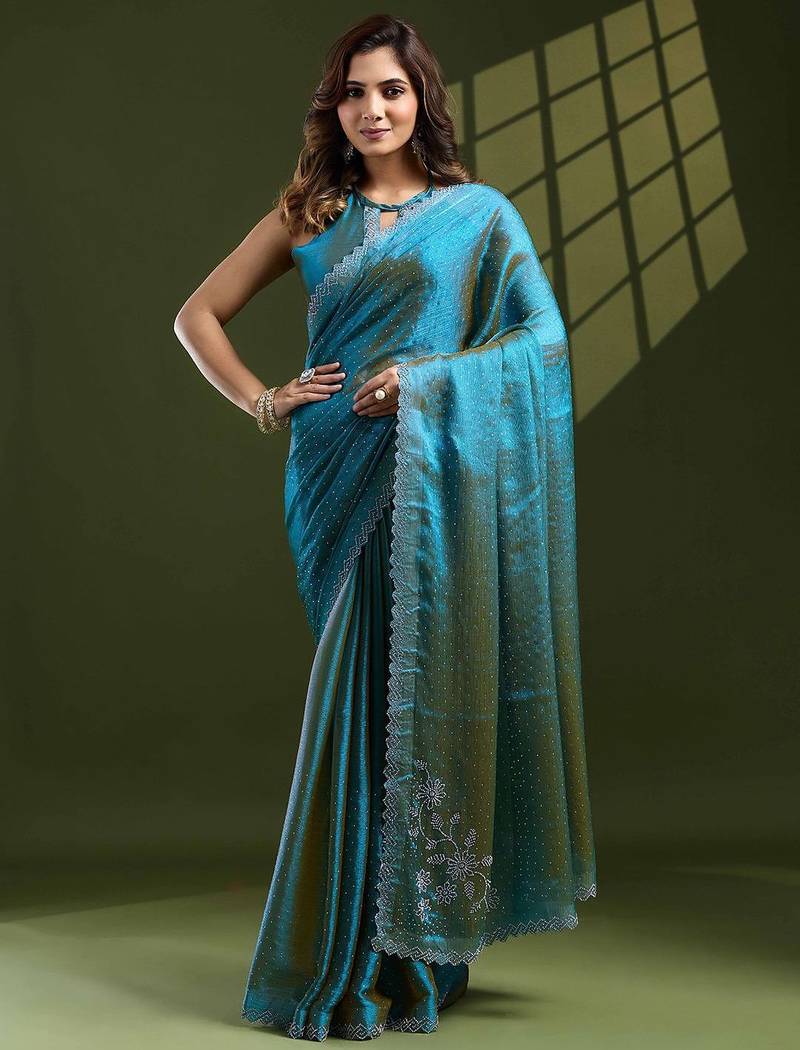 turquoise women embellished beads and stones designer saree