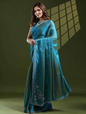 turquoise women embellished beads and stones designer saree 2