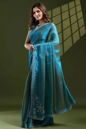 turquoise women embellished beads and stones designer saree