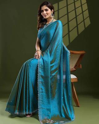 turquoise women embellished beads and stones designer saree 4