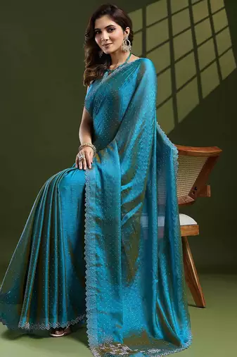 turquoise women embellished beads and stones designer saree
