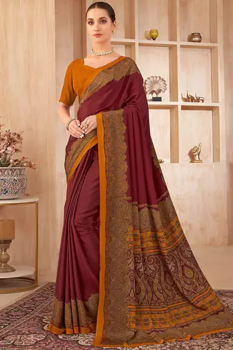 maroon floral silk blend jamdani saree