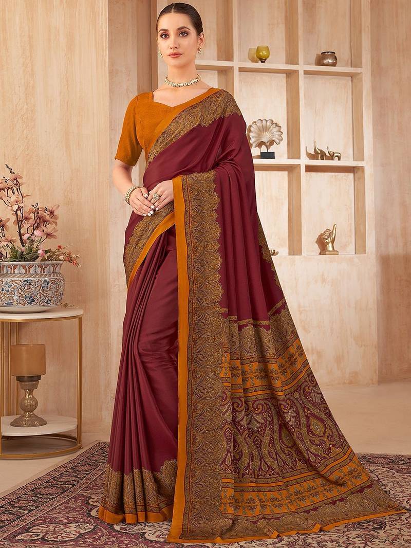 maroon floral silk blend jamdani saree