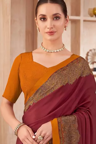 maroon floral silk blend jamdani saree