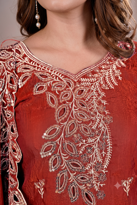 Women embroidered orange kurta with palazzo & dupatta set 2
