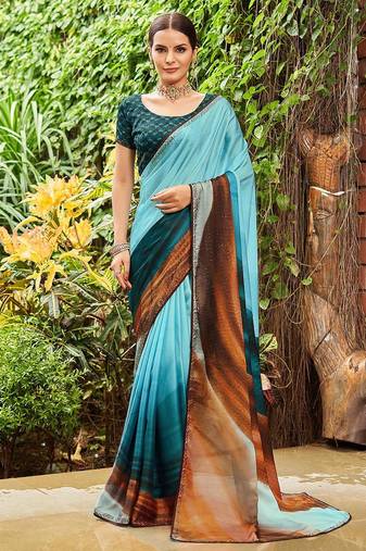 blue colourblocked sequinned saree