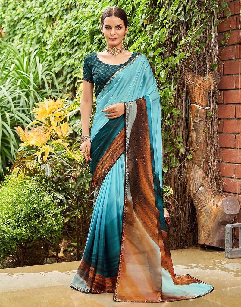 blue colourblocked sequinned saree