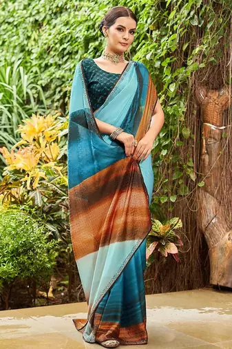 blue colourblocked sequinned saree