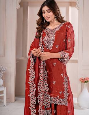 Women embroidered orange kurta with palazzo & dupatta set 3