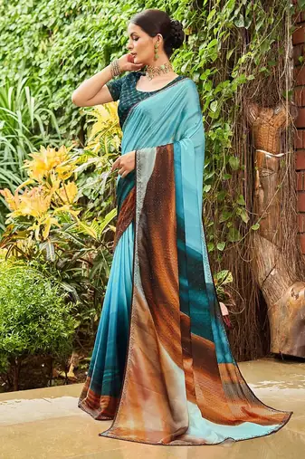 blue colourblocked sequinned saree